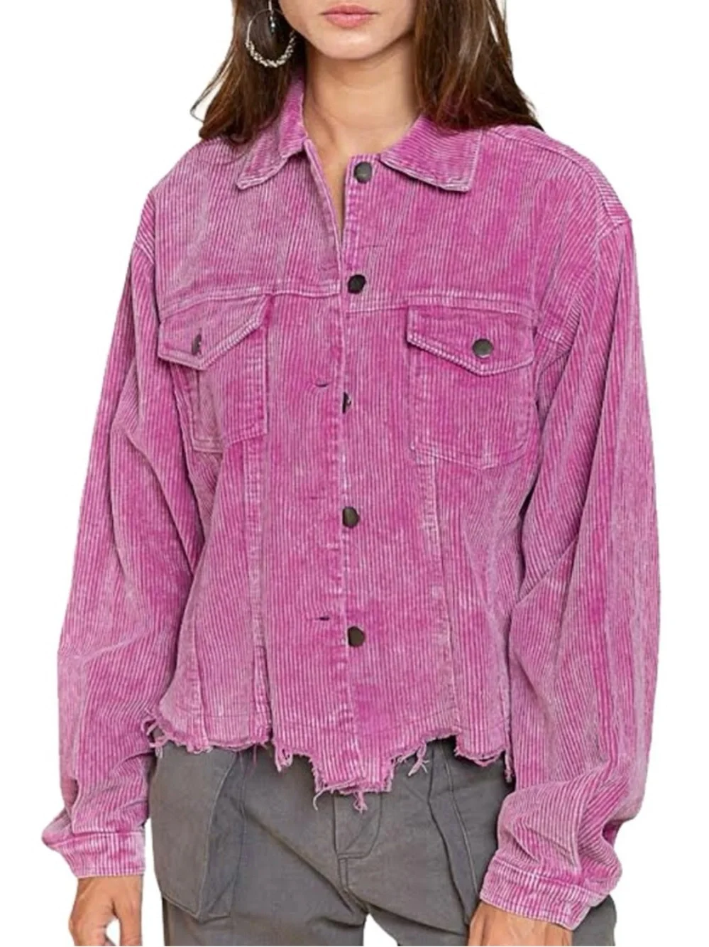 Sz L POL Pink Magenta Boho Corduroy Jacket 100% cotton